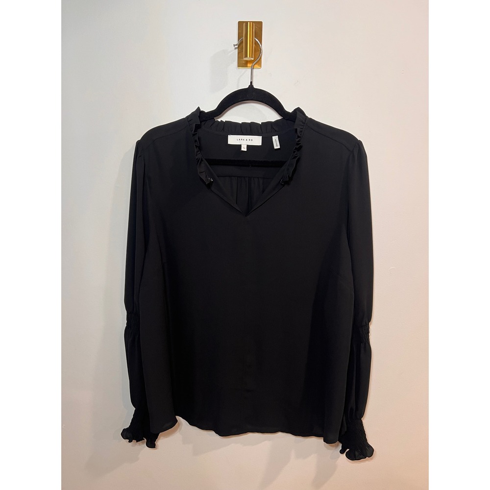 Black Ruffle Neck Whimsygoth Smocked Cuff‎ Blouse Long Sleeve Size 14